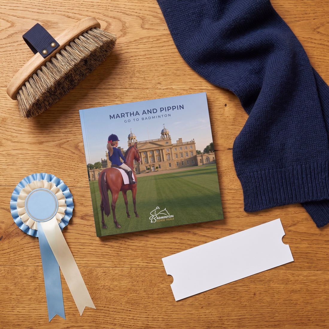 Badminton Horse Trials Personalised Storybook — Event-day flat-lay