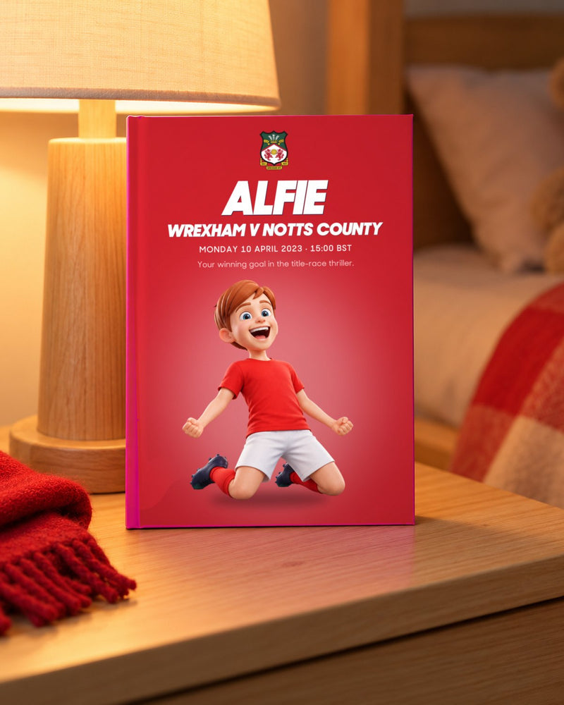 Illustrative image, not a real customer: a personalised Historic Moments paperback on a bedside table in lamp light.