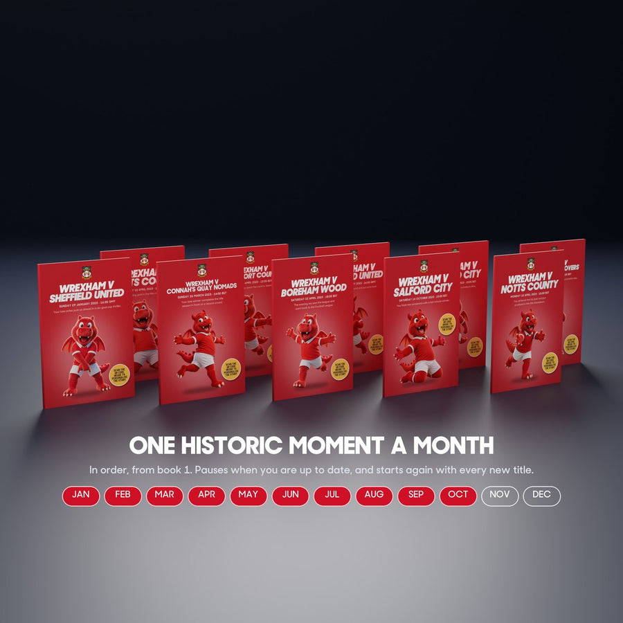 The Historic Moments paperbacks in the Quick buy edition, Wrex the Dragon on every cover, standing in a row, with the line One historic moment a month.
