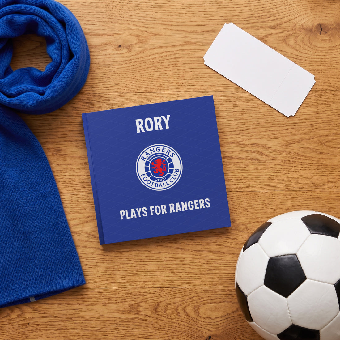 Rangers Personalised Storybook — Matchday flat-lay