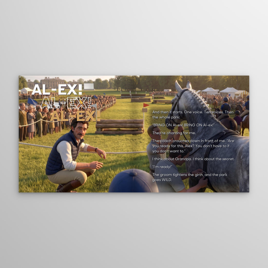 Badminton Horse Trials personalised storybook — the crowd chants their name [04-spread-p13]