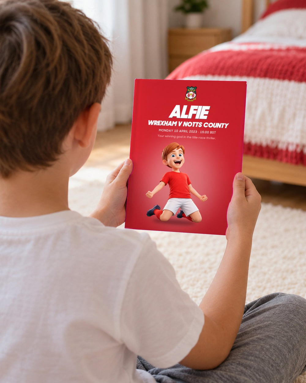 Illustrative image, not a real customer: an illustrated child holding up a personalised Historic Moments paperback, Wrexham v Notts County.