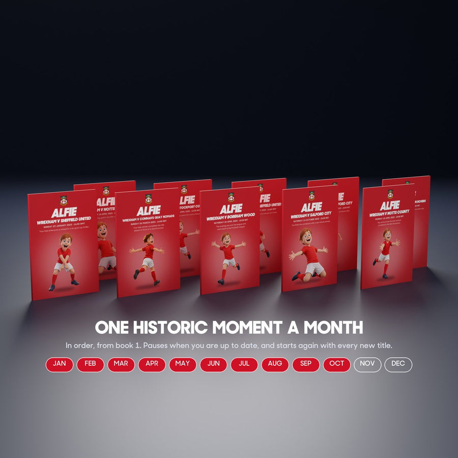 The Historic Moments paperbacks in the Personalised edition, standing in a row, with the line One historic moment a month.