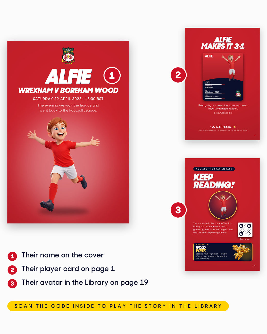 Explainer graphic: how the personalised edition of Wrexham v Boreham Wood carries the child's name and avatar.