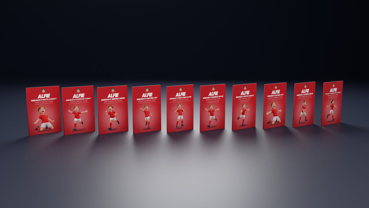 Ten Wrexham Historic Moments books standing in an arc on a navy studio floor, Personalised edition with a sample name and avatar on every cover.