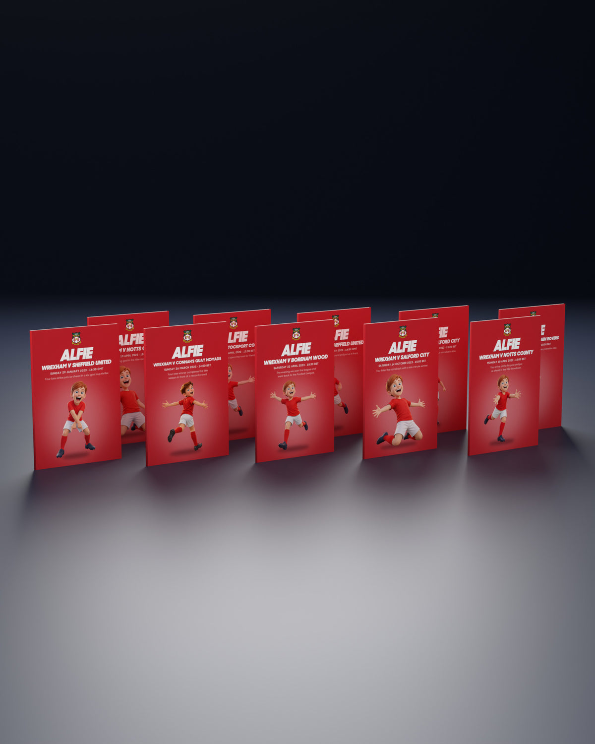 Ten Wrexham Historic Moments books standing in two rows on a navy studio floor, Personalised edition with a sample name and avatar on every cover.