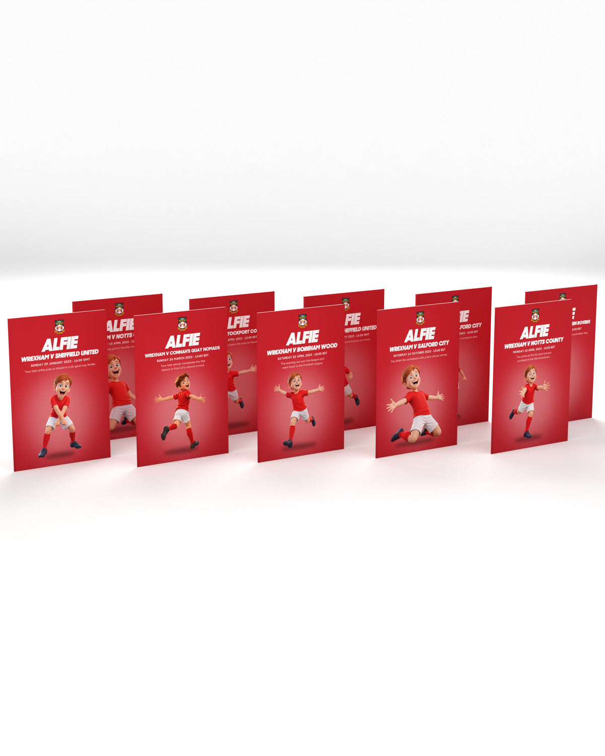 Ten Wrexham Historic Moments books standing in a row on a white studio background, Personalised edition with a sample name and avatar.