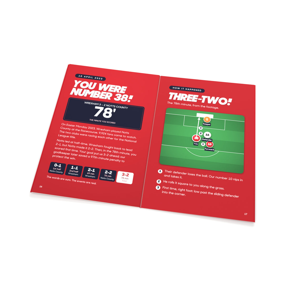 The book Wrexham v Notts County open at the real story page and the tactics board.