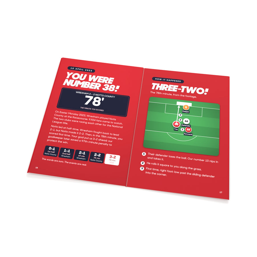 The book Wrexham v Notts County open at the real story page and the tactics board.
