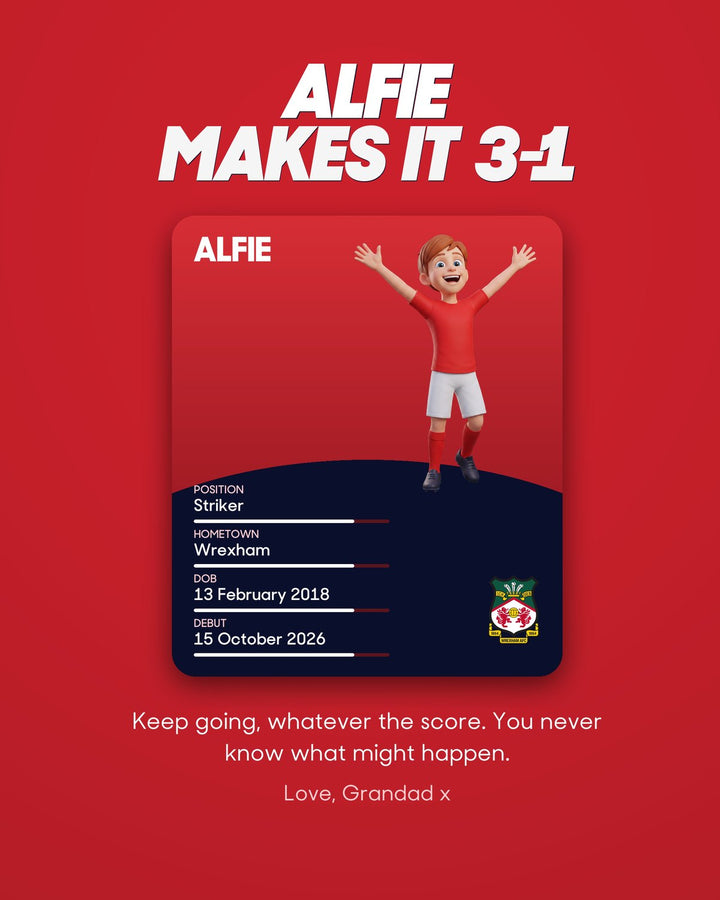 Historic Moments: Wrexham v Boreham Wood, Book 2. Personalised edition page 1, the player card with a sample name and avatar