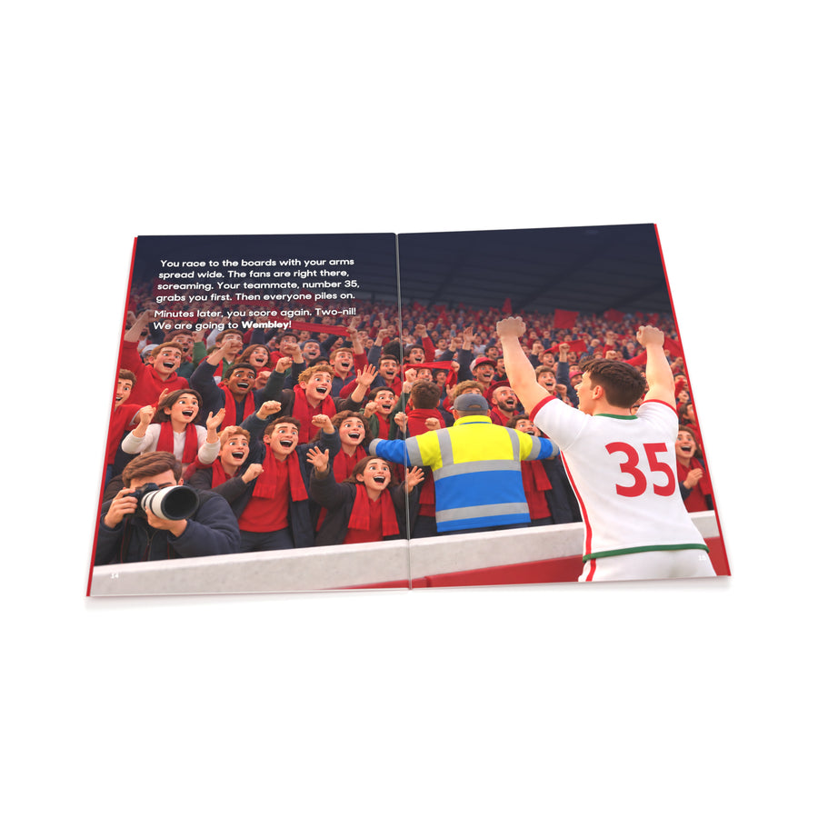 The book Wrexham v Stockport County open at the celebration spread, pages 14 and 15.
