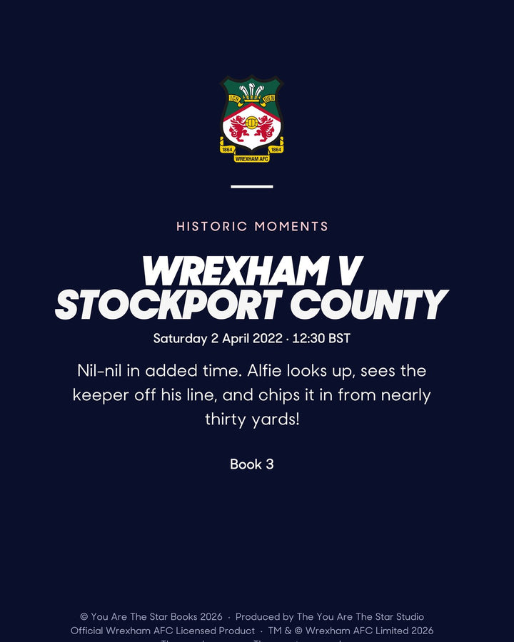 Historic Moments: Wrexham v Stockport County, Book 3. Personalised edition page 20, the blurb with a sample name