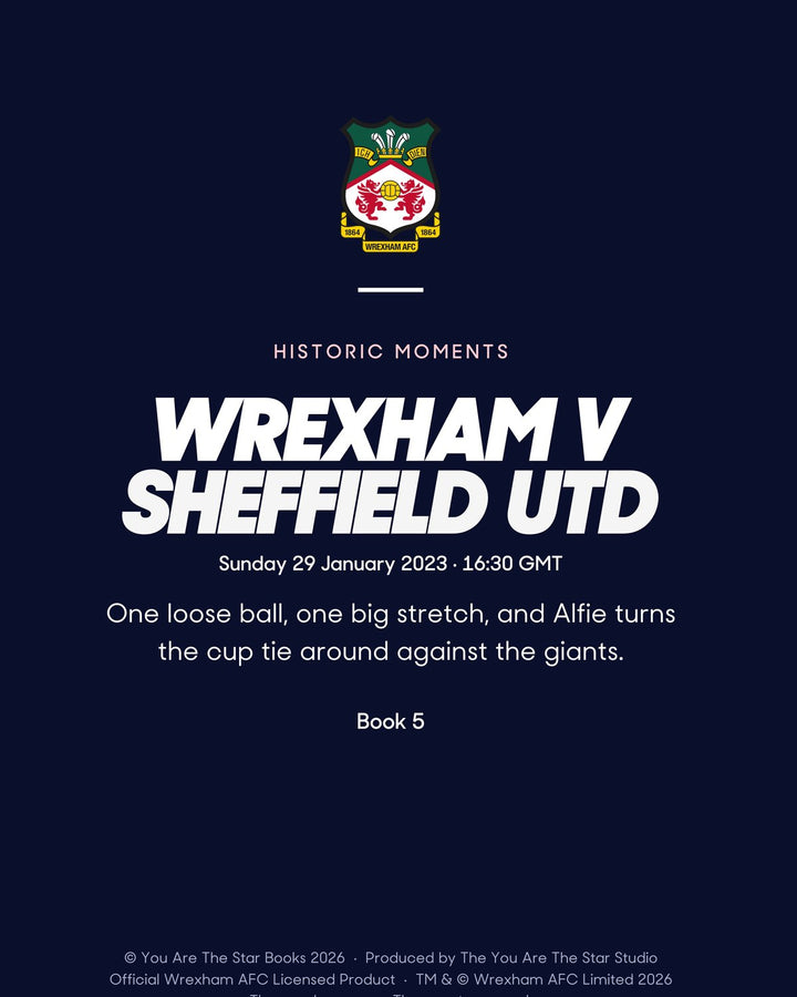 Historic Moments: Wrexham v Sheffield United, Book 5. Personalised edition page 20, the blurb with a sample name
