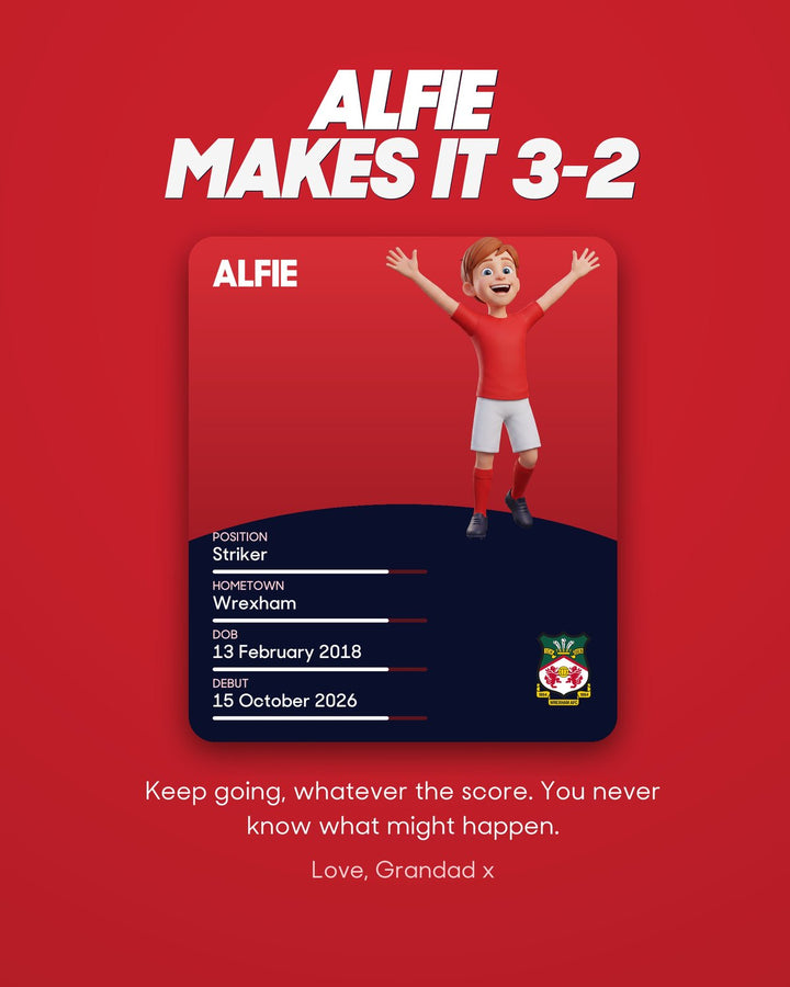 Historic Moments: Wrexham v Sheffield United, Book 6. Personalised edition page 1, the player card with a sample name and avatar