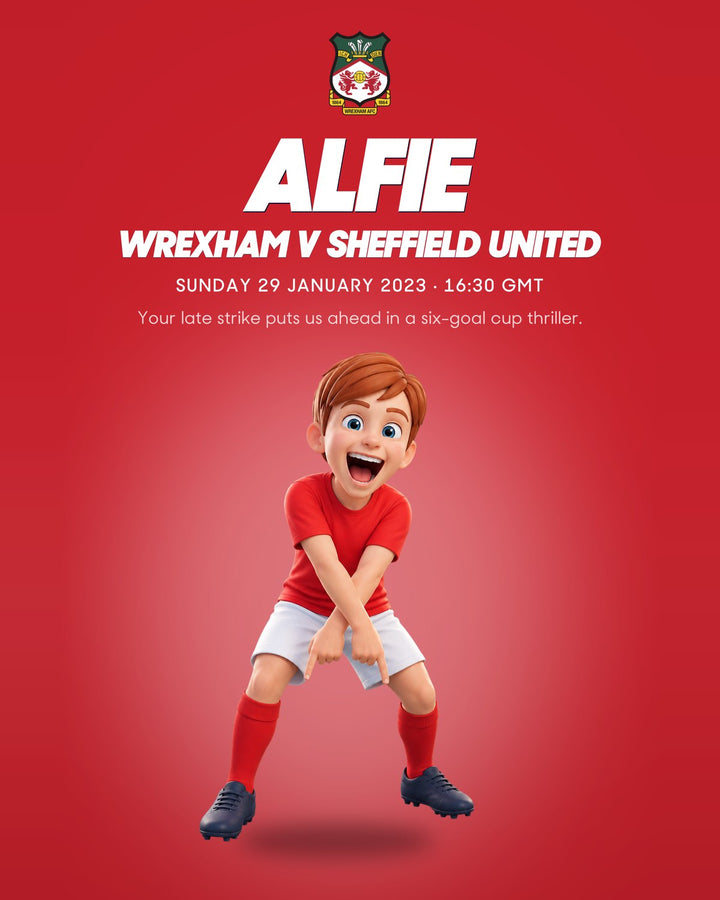 Historic Moments: Wrexham v Sheffield United, Book 6. Personalised edition front cover with a sample name and avatar