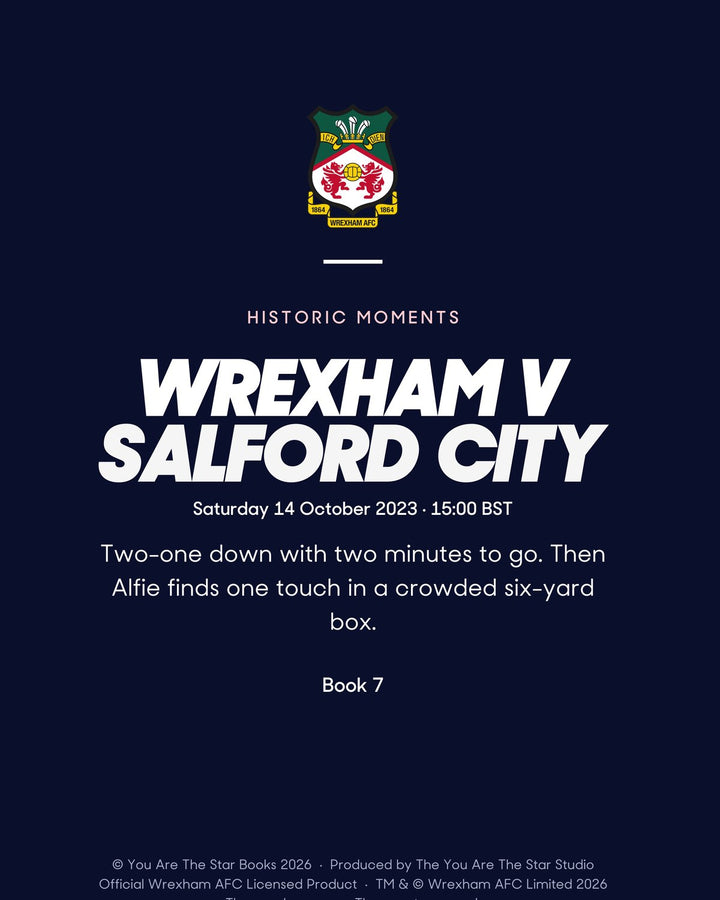 Historic Moments: Wrexham v Salford City, Book 7. Personalised edition page 20, the blurb with a sample name
