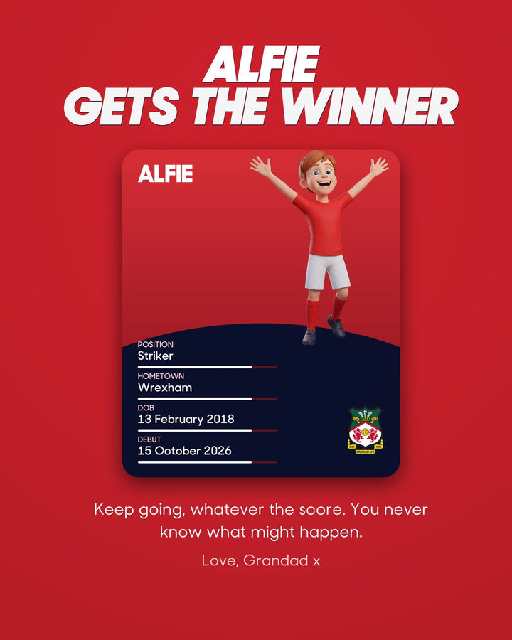 Historic Moments: Wrexham v Salford City, Book 8. Personalised edition page 1, the player card with a sample name and avatar