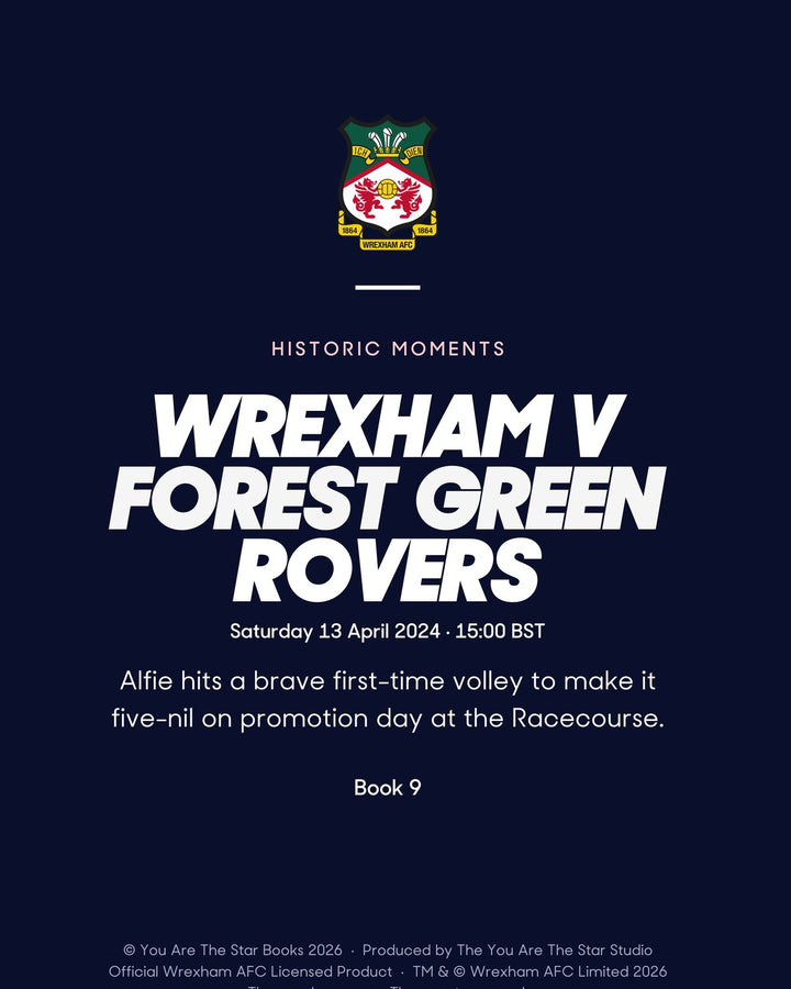 Historic Moments: Wrexham v Forest Green Rovers, Book 9. Personalised edition page 20, the blurb with a sample name