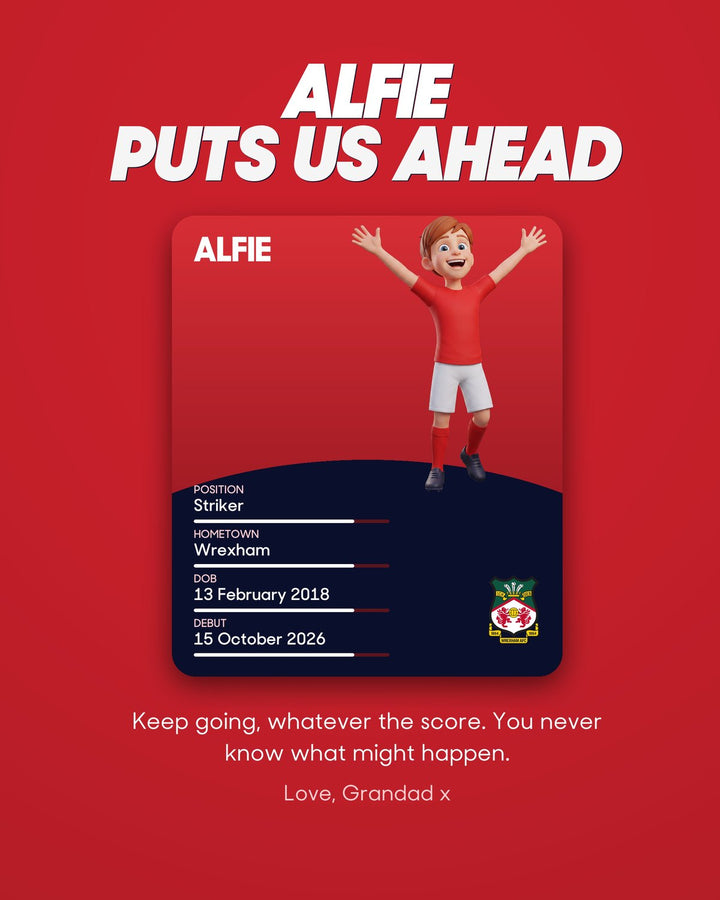 Historic Moments: Wrexham v Notts County, Book 10. Personalised edition page 1, the player card with a sample name and avatar