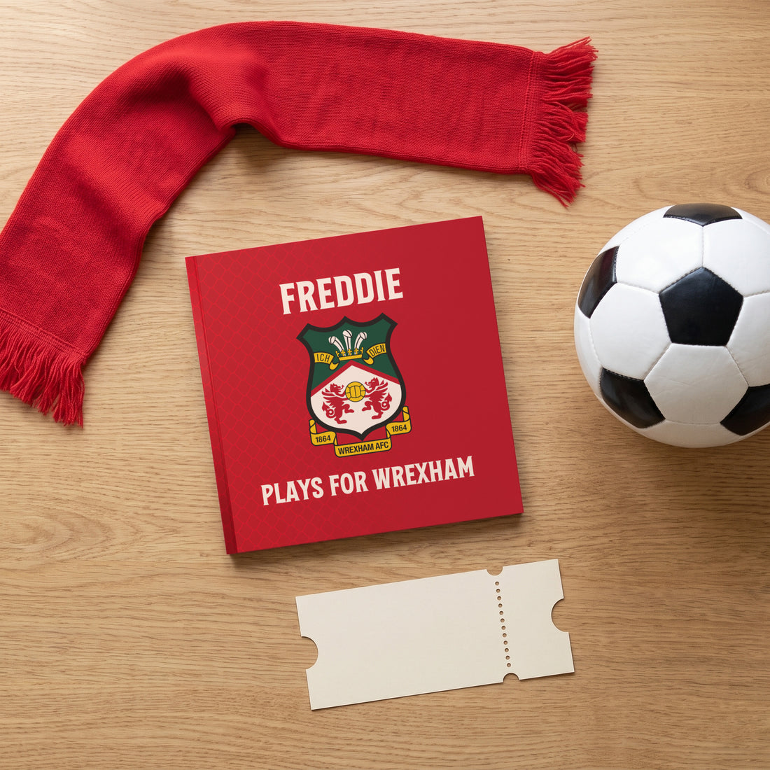The Only Officially Licensed Wrexham AFC Personalised Children’s Book — Matchday flat-lay
